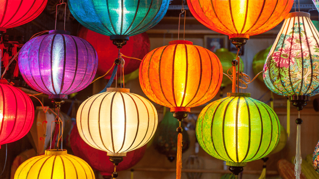 bright coloured lanterns in singapore market