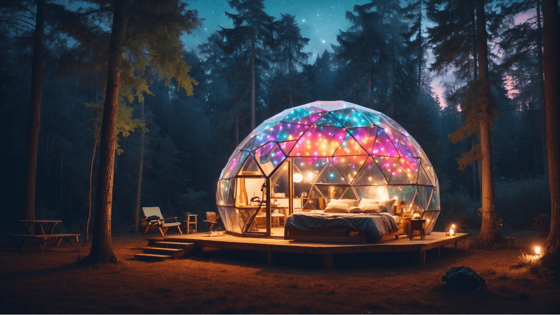 a bubble hotel at night