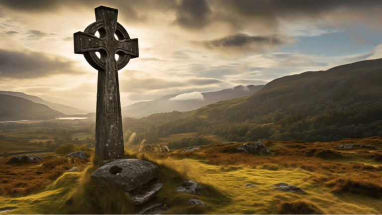 A scene of a celtic cross in ireland