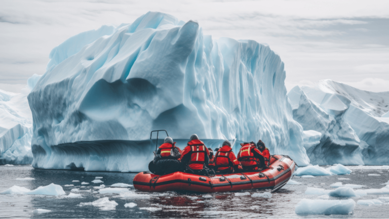 people on a dingy next a huge iceberg