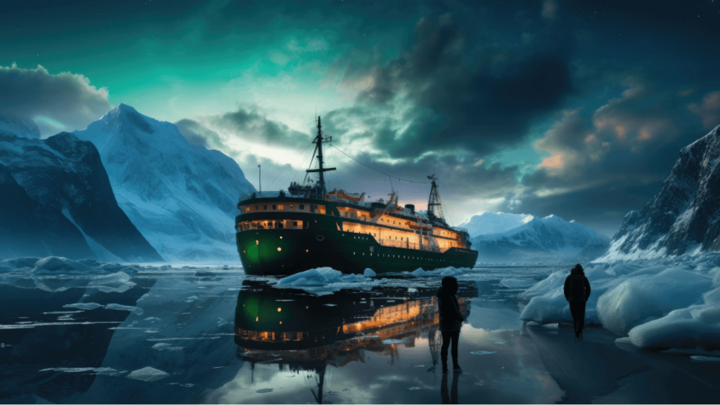 A picture of a cruise ship in snow with the northern lights